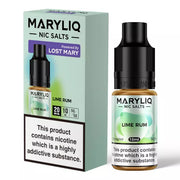 The image shows a product packaging and a bottle of MARYLIQ Lime Rum Nic Salt E-Liquid. The packaging is predominantly green and white with text and the brand's logo.